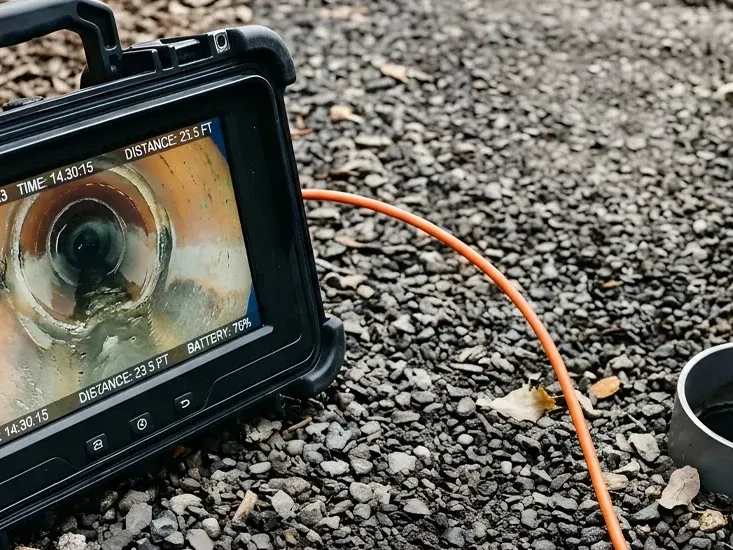 Sewer camera inspection monitor showing the inside of a sewer line